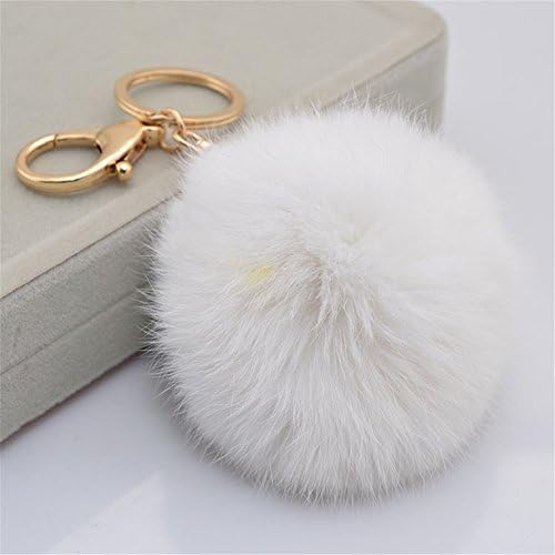 Yetagoo Rabbit Fur Pom Pom Keychain Use for Bag Car Purse Charm Fluffy Fur Ball Gold Key Ring (White)