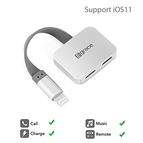 iPhone 7 Adapter & Splitter, Egrace Lightning Adapter Splitter Cable, Lightning Headphone Audio & Charge Adapter for iPhone 7/8 with Call Function (silver)