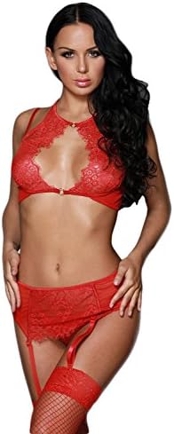 AOMI Womens Hot Red 3pcs Underwire Bralette Panty Sexy Garter Lingeries Set ((US 10-14)L, Red),(US 10-14)L,Red
