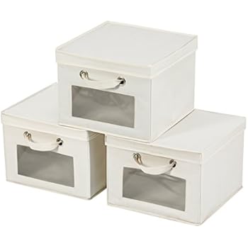 MaidMAX Closet Storage Cube with Clear Window, Lid and 2 Handles for Shelves, Foldable, Beige, Set of 3