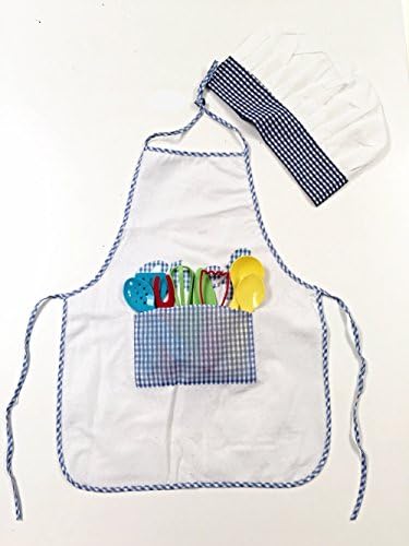 Littlest Chef Kids Apron with Chefs Hat and 8 Piece Cooking Utensil Set (Blue)