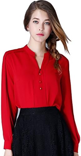 Olisi Women Chiffon Blouse Long Sleeve Button Down Shirt Top (XL, Red)