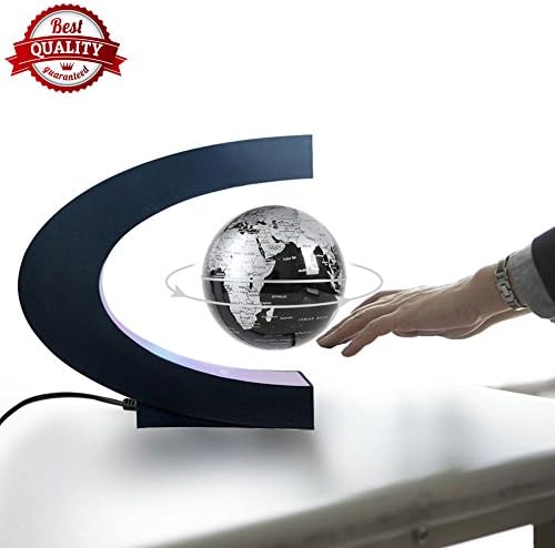 Floating Globes Levitating Globes Anti Gravity Magnetic Globe World Map with LED light, C Shape Earth Rotating Levitation Lamp with Stand- Educational Gifts for Kids, Desk Decoration, Black+Silver