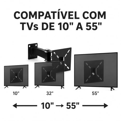 Suporte de TV Articulado de Parede 10 a 55 Polegadas Universal Inclinável Giratório 4 Movimentos para LED LCD OLED Smart TV 4K Plasma Suporta até 40kg com Kit de Instalação