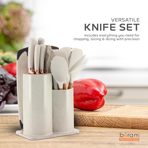 BERAM 19 Piece Kitchen Utensil Set Heat Resistant Silicone with Wooden Handles Non Stick Cooking Tools Beige
