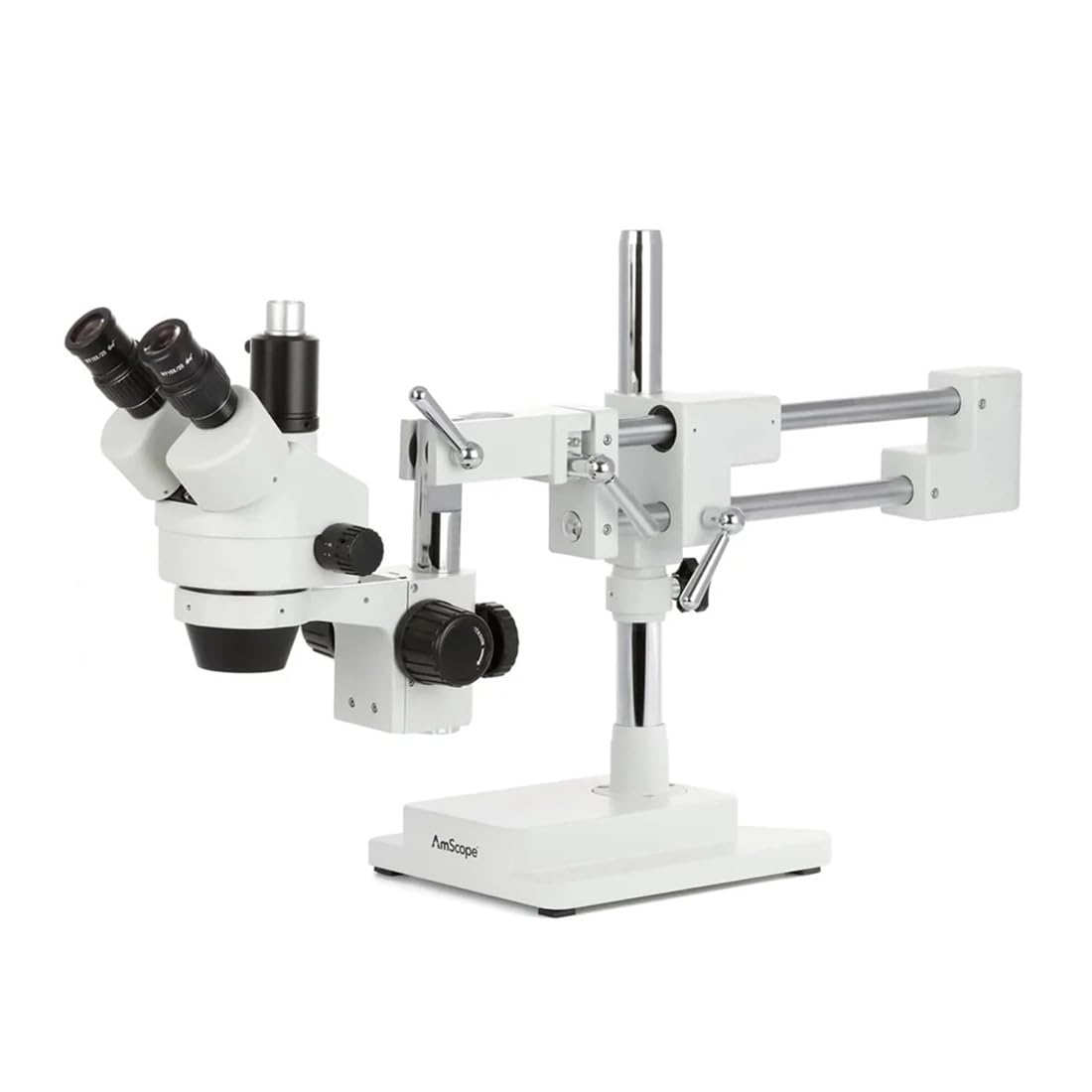 AmScope SM-4TPZ Microscopio trinocular profesional con zoom estéreo con control de enfoque simultáneo, oculares WH10x, aumento de 3,5X-90X, objetivo de zoom de 0,7X-4,5X, iluminación ambiental, soporte de brazo doble, incluye lente Barlow de 0,5X y 2,0X