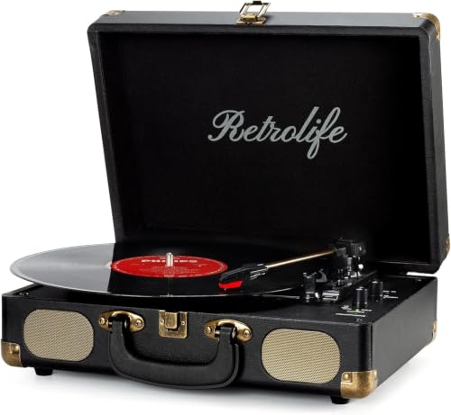 Vinyl Record Player, 3 Speed Bluetooth Case, Portable Band Drive Turntable with Built-in Speakers, RCA Out, AUX Input in Headphone Jack, Vintage Turnt