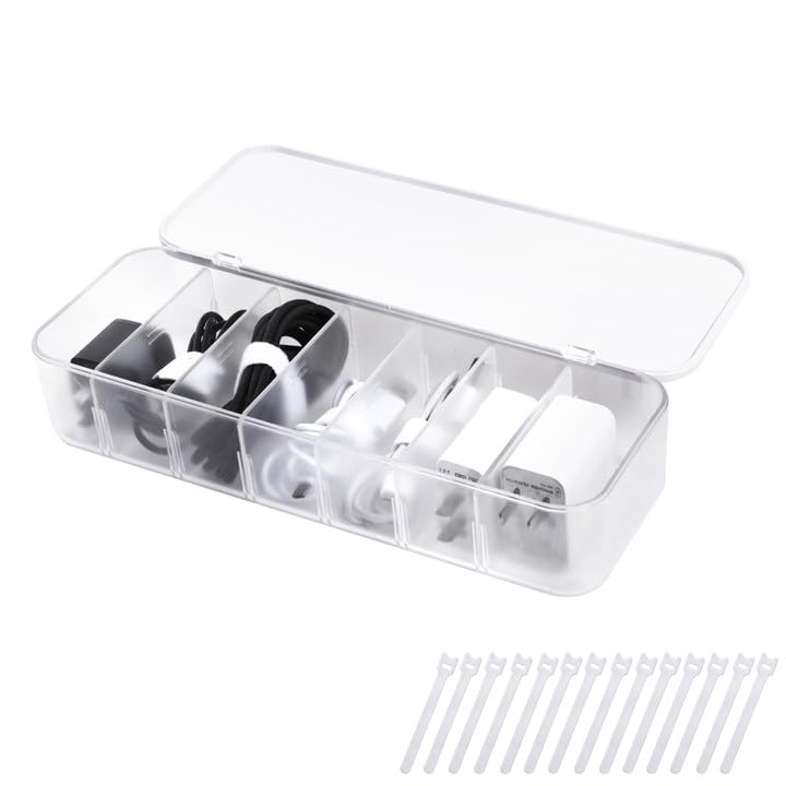 FRETONBA Cable Storage Box, 1Pcs Cable Tidy Management Box with 7 Compartments and 7 Cable Ties Reusable, Cord Organiser Box for Office, Home Charger Storage, White