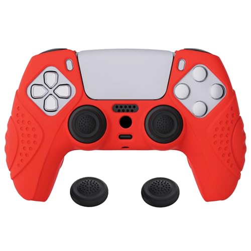 eXtremeRate PlayVital Guardian Edition Passion Red Ergonomic Soft Anti-Slip Controller Silicone Case Cover for ps5, Rubber Protector Skins with Black Joystick Caps for ps5 Controller