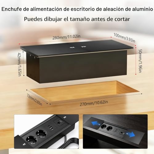 Aluminium Recessed Table Plug, Retractable Socket Outlet with 2 Sockets, 2 USB Ports and Type C+HDMI+Cat 6, 250V/16A Recessed Power Strip for Desks, Work Tables, Dining Tables