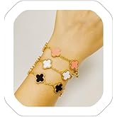 Aezlhjya 18K Black White Pink Cute Lucky Clover Bracelets Chains Set, 3Pcs Goldplated Lucky Flower Four Leaf Link Bracelet, Stainless Steel Adjustable Trendy Bracelets Chain Jewelry Gifts for Women