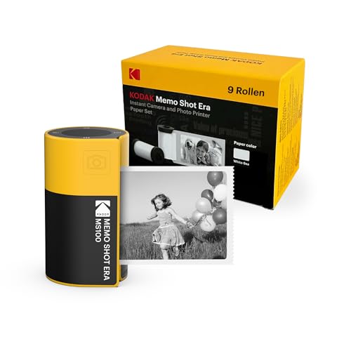 Kodak Memo Shot ERA Kinder-Sofortbildkamera und Foto-Etikettendrucker, Gelb (Kamera mit 1 One-Touch-Etikettenpatronen-Rolle + 9 Rollen Patronen-Set)