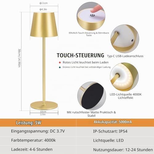 2 Stück LED Dimmbare Akku Tischlampe Kabellose, Wiederaufladbar Warme Lichtfarbe 3000K Tischleuchte Für Innen und Aussen mit USB-C, Aluminium, IP54 Wasserdichte (golden)
