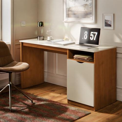 Escrivaninha de Estudo e Trabalho em MDF Compacta, Mesa para Home Office com Nicho Aberto e Armário com Porta, Estrutura Resistente para Quarto e Escritório (Nature OFF)