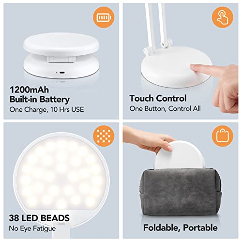 ONEFIRE LED Desk Lamp, Small Desk Lamp with USB Charging, White Desk Lamp +8 Brightness, Portable Kids Desk Lamp, Foldable Desk Lamps for Home, Cute Desk Lamp Rechargeable LED Desk Light Desk Lamps