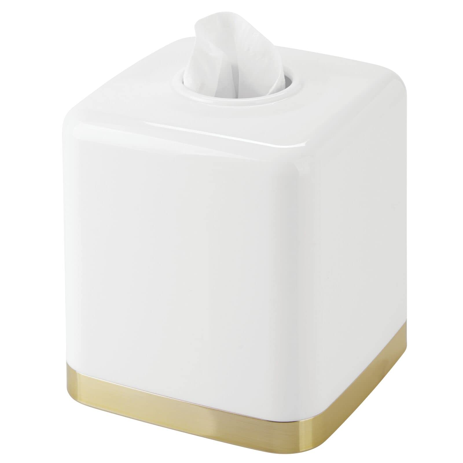 Photo 1 of (used/fair) mDesign Plastic Square Disposable Facial Tissue Box Cover for Bathroom Vanity, Countertop, Bedroom Dresser, Night Stand, Office Desk, End Table, Hold Paper Tissues - Hyde Collection - White/Soft Brass