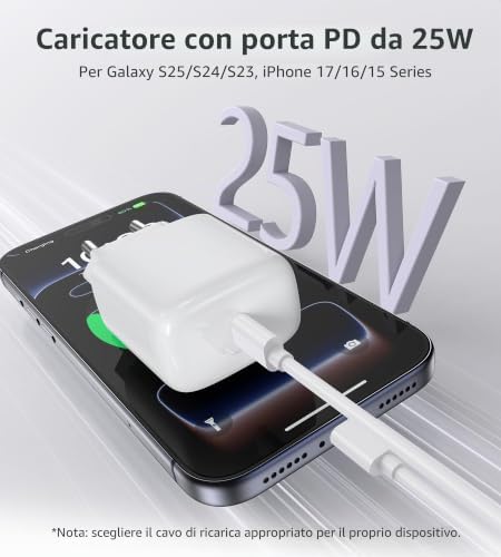 Caricatore USB C 25W con Cavo, Caricabatterie Type-C, Presa USB C Compatibile con i-Phone 17/17 Air/17 Pro Max‌/16/15/14/13/12/Plus, i-Pad, Samsung Galaxy S25/S24/S23/S22/Note20(2 Pezzi+cavo)