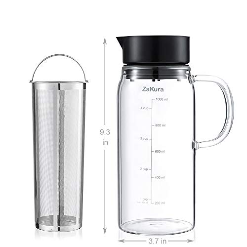 Cold Brew Coffee Maker by ZaKura, 1.0 Liter/34 Ounce, Durable Brewing Glass Carafe with Airtight
