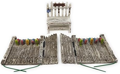 Fairy Garden Accessories Set with 2 piece Garden Decor Fence with Hinged Gate and multi colored rain boots and Picket Fence Potting Bench - 3 Piece Bundle