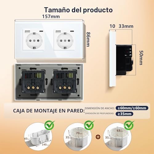 Tomada USB dupla (máximo 2.1A) com porta Tipo C, ficha Schuko branca, tomada elétrica com 2 carregadores USB x e Tipo C Adequada para smartphone, tablets MP3, cozinha, quarto