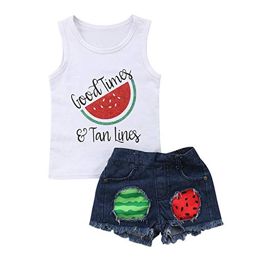 2Pcs/Set Fashion Toddler Kids Baby Girl Sleeveless T-Shirt Top+Floral Denim Shorts Outfits (White-Watermelon, 4-5 Years)