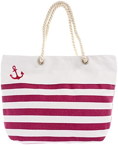 Lucky Beach Women's Nautical Beach Tote Bag With Stripes and Small Anchor Pink