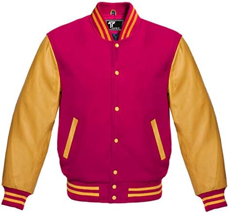 Premium Letterman Baseball School College Bomber Varsity Jacket Hot Pink & Gold Genuine Leather Sleeves