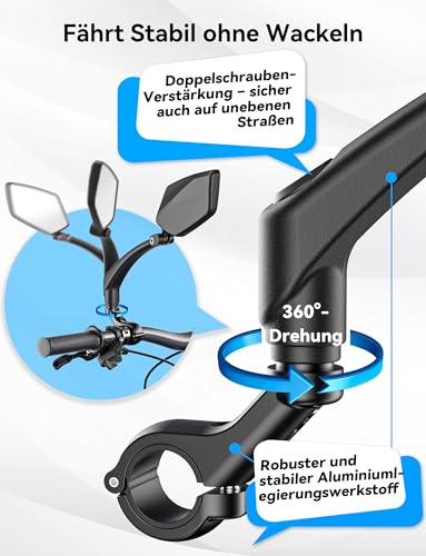 Bicycle Mirror for E-Bike Left, 360° Foldable & Rotatable Bicycle Rear View Mirror, Bicycle Mirror Left for Ebikes with Large Mirror Surface, Long Arm and Impact-resistant Real Glass, E Scooter