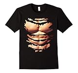 Mens Printed Realistic Chest Six Pack Abs Muscles Funny T-Shirt Large Black