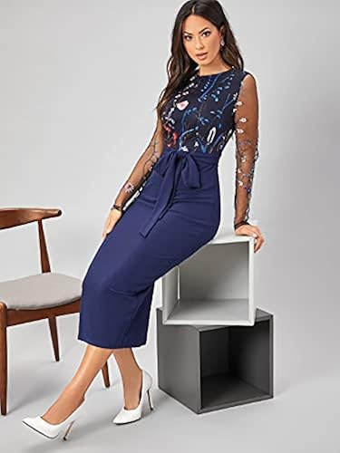 SheIn Women's Elegant Belted Embroidery Sheer Mesh Sleeve Bodycon Pencil  Dress Blue Medium in Kenya | Whizz Wear to Work