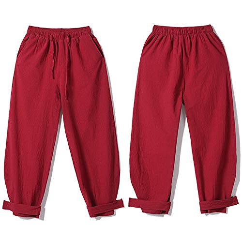 Mens Casual Trousers Cotton Linen Small Feet Loose Casual Lantern Harem Pants Red - Thumbnail 4