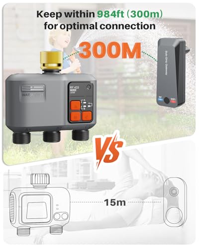 WLAN Watering Computer 3 Outputs with Brass Inlet/RF 300M Technology, Garden Watering Clock, Compatible with Alexa & Smart Life App, Automatic Watering System for