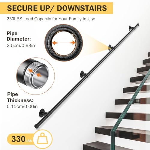 Couleeur Indoor and Outdoor Stair Railings, Wall Mount Stairs Railing for Elderly Disabled Stairs Steps Handrail Galvanized Industrial Non-Slip Handrail (2.5 M)