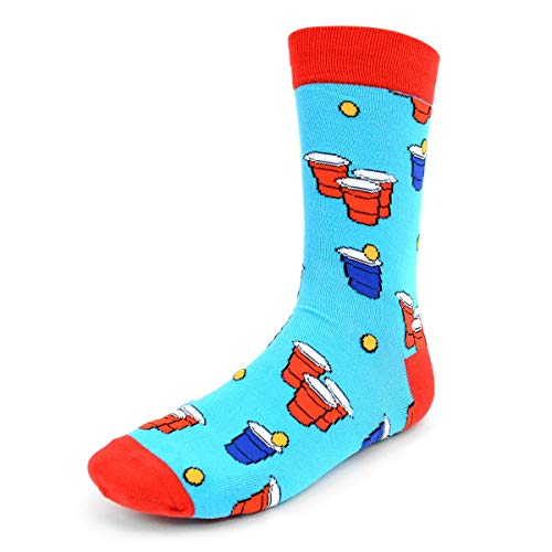 Urban Peacock Men's Novelty Fun Crew Socks for Dress or Casual - Party Time! - Multiple Patterns to Select From (Beer Pong - Blue with Red, 1 Pair)