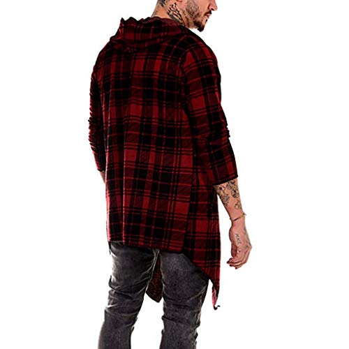 MIS1950s Men Splicing Hooded Trench Long Coat Stylish Plaid Cardigan Jacket - Thumbnail 4