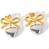 SweYone 18K Gold Plated & Silver Chunky Heart & Bow Earrings for Women, Chunky Heart Dangle Hoops/Tiny Studs, Kawaii Dainty Hypoallergenic Jewelry for Multiple Piercings, Gift for Her