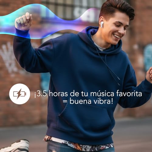 Aiwa Audífonos Inalámbricos Bluetooth 5.4 TWS Modelo AWTWSG31 - Audífonos de Chícharo con Resistencia al Agua IPX4, Control Táctil, Batería de Larga Duración y Estuche de Carga, Blanco