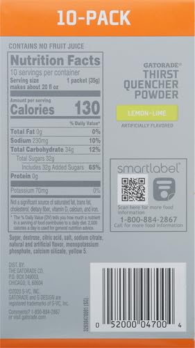 THE GATORADE COMPANY GATORADE THIRST QUENCHER POWDER, 1.23OZ PACKETS, MAKES 20 OUNCES (LEMON-LIME), 1.23 OUNCE (PACK OF 10)