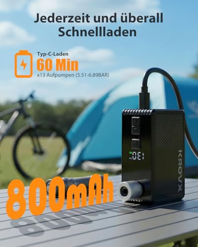 Mini Electric Bike Inflator Pump, Max 130 PSI, Quick Inflation 35s, 3 in 1 Rechargeable Bicycle Pump Compatible with Pressure Gauge Presta and Schrader Valves for MTB and Road Bike