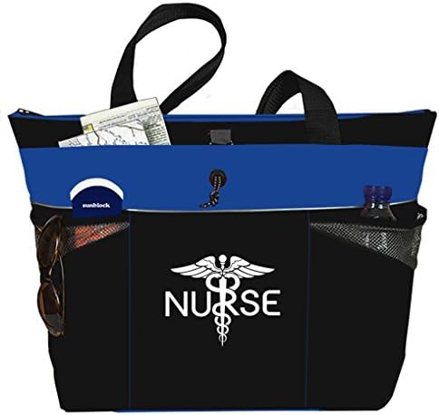 Nurse Caduceus Large Tote Bag Office School Travel Business Personal Organizer - Black Royal Blue