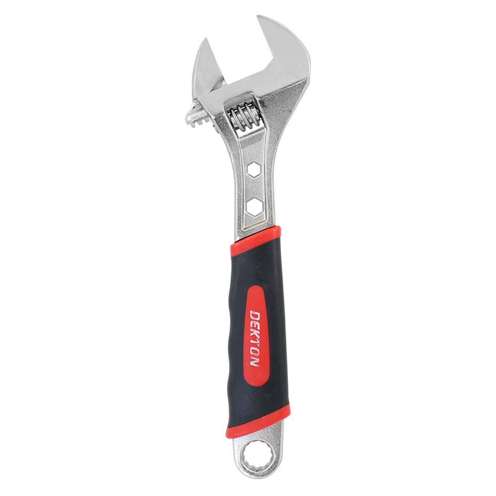 Dekton 12" Sure Grip Adjustable Spanner-1 1/2" Jaw Capacity| Straight Jaw Wrench| Printed Width Scale| Sure Grip-Non Slip Grip Handle for Comfort| Hardened and Tempered Steel| Bonus 19mm Ring Spanner