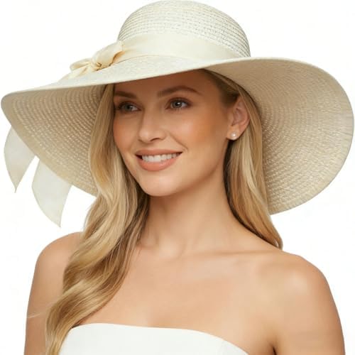 Women\'s Ivory White 5.7 Inches Big Bowknot Straw Hat Large Floppy Foldable Cap Lanzom Womens Big Bowknot Straw Hat Floppy Foldable Roll up  main image 4