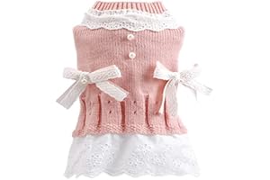 BABYOUNG Pet Sweater Dress Small Dog Dress with Bow Female Warm Dog Princess Lace Dress Clothes Dachshund Chihuahua Corgi Cat Dress for Christmas Birthday Thanksgiving Day Valentines Day (Pink, Large)
