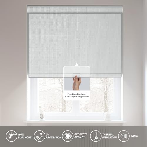 Boolegon Blackout Roller Shades for Windows,Cordless,Linen Fabric,Roller Blinds,Thermal Insulated Fabric UV Protection,Window Shades for Home,Door,Bedroom,Office,Blackout-White,Custom Size