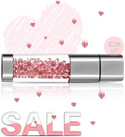 USB Flash Drive 64GB, Techkey Crystal Jewelry Pen Drive with Silver Polishing Cloth and Velvet Bag Set for Girls ( Pink )