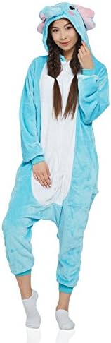 Nothing But Love Adult Elephant Onesie Pajamas Animal Kigurumi Cosplay Costume One Piece Fleece Pjs (Small, Cyan Blue, White)