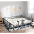 i-POOK Full Floor Bed for Children, Sturdy Wood Montessori Bed Frame with Wood Slats, Fence & Door for Girls and Boys, Gray (with Bed Slats)