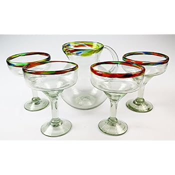 NOVICA 'Confetti Kiss' Margarita Gläser – Set Aus 6 Mundgeblasenen Gläsern, Bunte Ränder, 7 Zoll