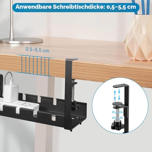GUOOUG Cable Duct Desk, Black, No Drilling, Retractable 28.5-55 cm, Cable Management Desk, Adjustable Metal Cable Holder, Cable Tray, Cable Organiser, Table, Cable Basket, Clampable for Office