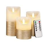 FLAMELESS Candles Battery Operated LED Flickering Flame with Remote & Timer | Amazing Realistic Dancing Flame | Real Wax Gold Trim | Set of 3 (Size 4”5”6”) | Beautiful Gift Idea for Women and Men
